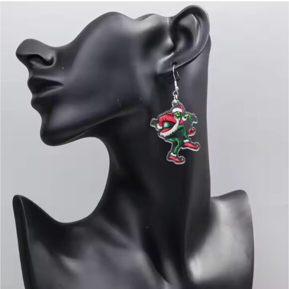 GRINCH Jingle Bell Tear Drop Glitter Dangle Earrings NEW - Picture 3 of 3